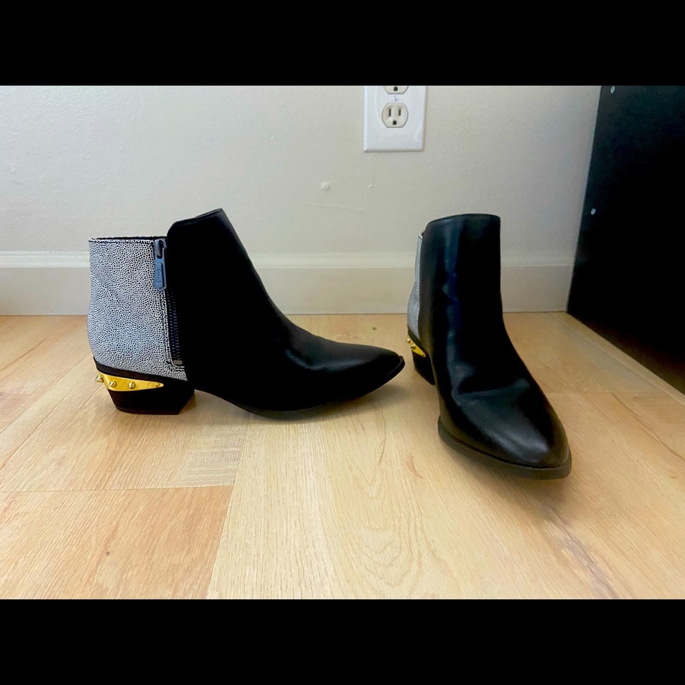 Leather black and print gold stud booties